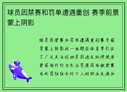 球员因禁赛和罚单遭遇重创 赛季前景蒙上阴影